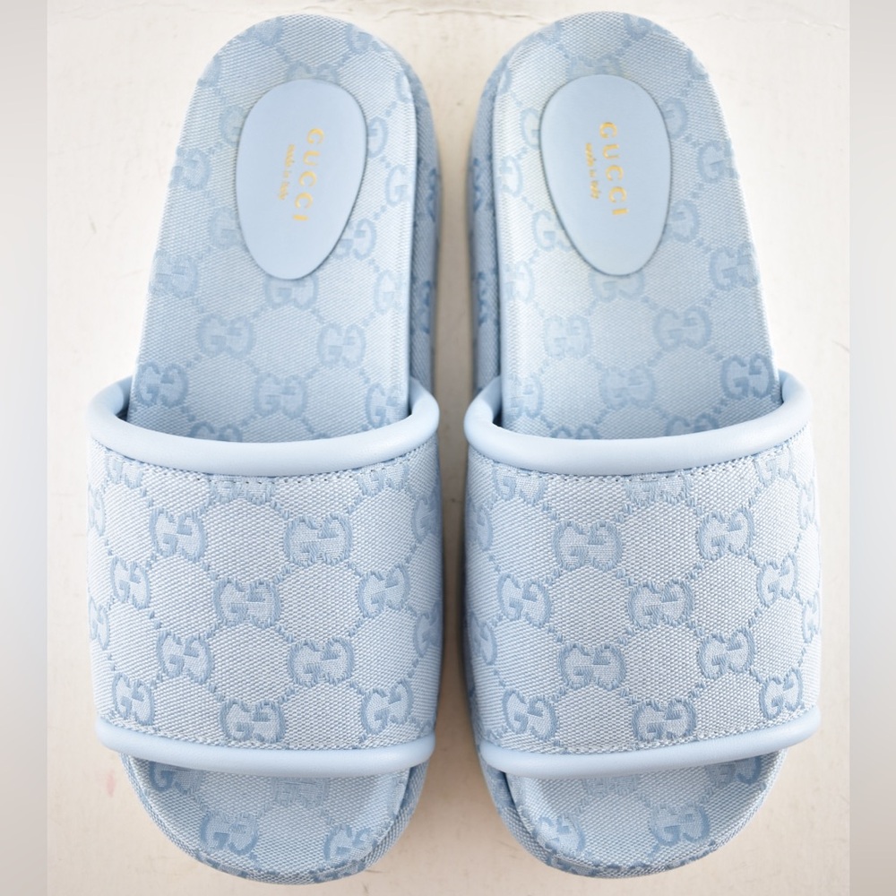 Gucci Light Blue GG Monogram Logo Canvas Mule Flat Slide Platform Sandal 39 - Picture 11 of 16